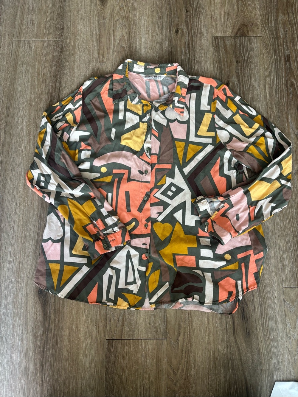 Women’s Geometric Print Button-Down Shirt - Pink, Mustard & Olive